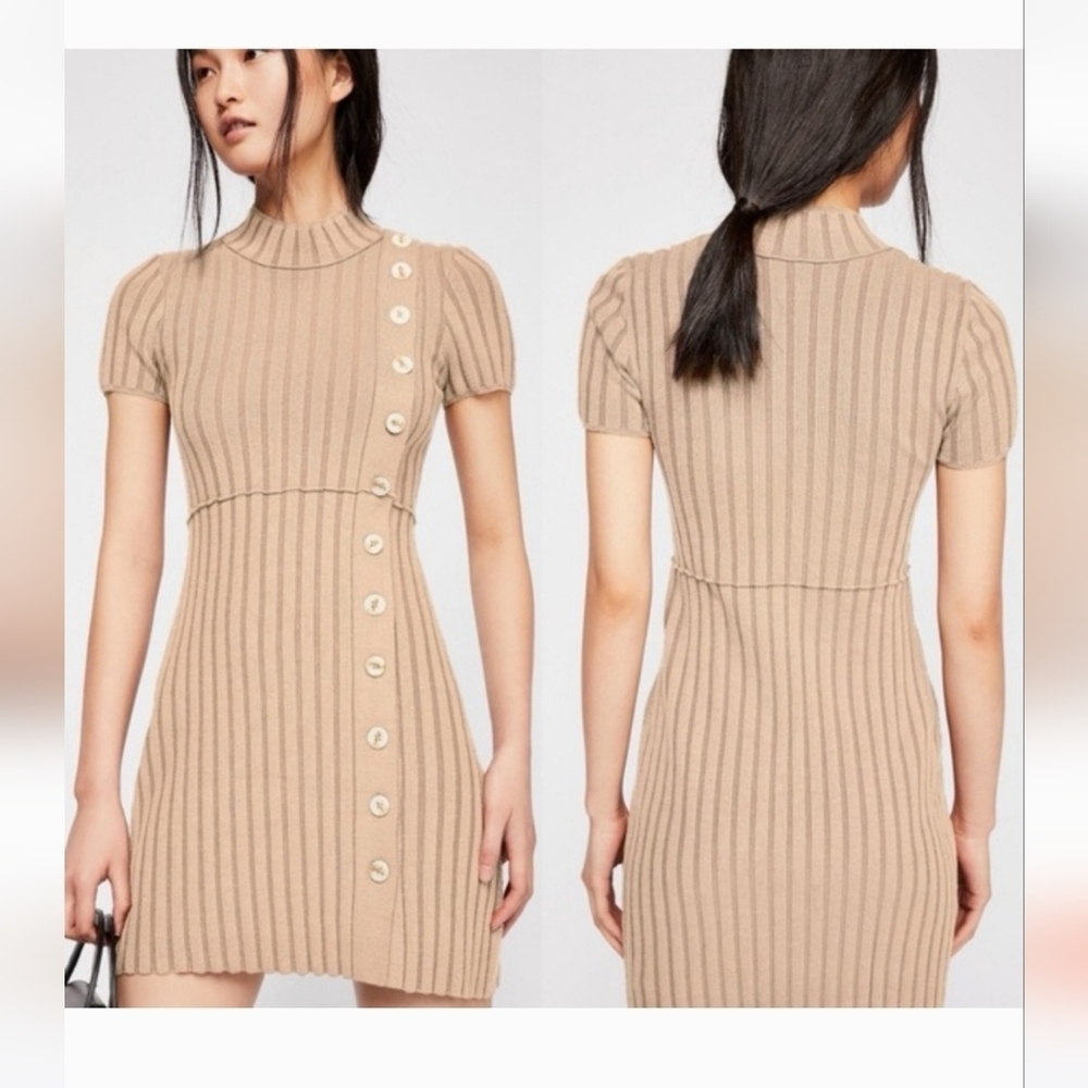 Free People Lottie Rib Knit Dress Camel Color Womens Size Medium EUC Button Up
